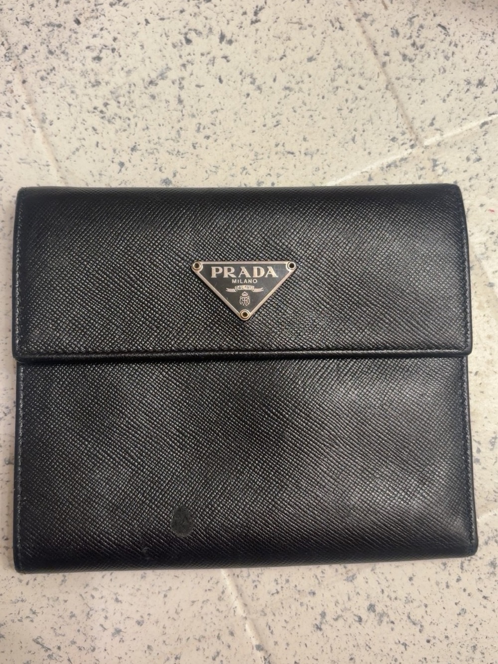 Prada Black Saffiano Leather Flap Wallet with Triangle Logo